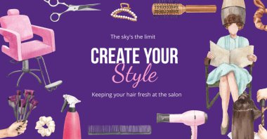 Facebook şablonu kuaför saçı güzellik konsepti, suluboya stil