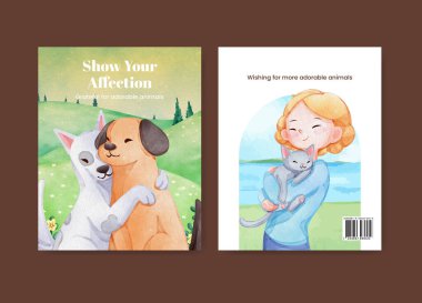 Şirin köpek ve kedi kucaklama konseptiyle kapak kitabı şablonu, suluboya stil