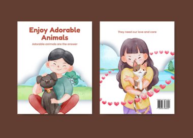 Şirin köpek ve kedi kucaklama konseptiyle kapak kitabı şablonu, suluboya stil