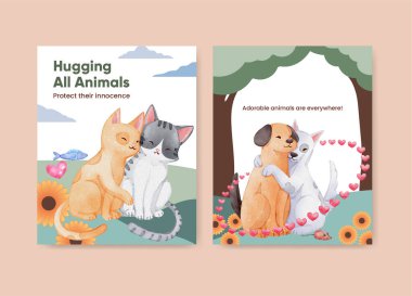 Şirin köpek ve kedi kucaklama konseptiyle kapak kitabı şablonu, suluboya stil