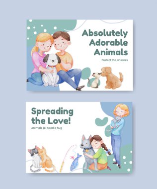 Tatlı köpek ve kedi kucaklama konsepti olan Facebook şablonu, suluboya stil