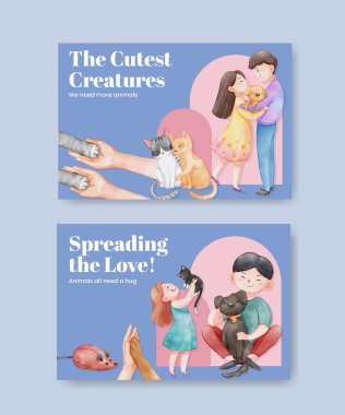 Tatlı köpek ve kedi kucaklama konsepti olan Facebook şablonu, suluboya stil