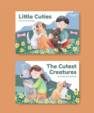 Tatlı köpek ve kedi kucaklama konsepti olan Facebook şablonu, suluboya stil