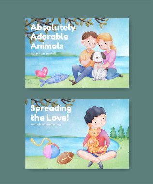 Tatlı köpek ve kedi kucaklama konsepti olan Facebook şablonu, suluboya stil