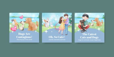 Sevimli köpek ve kedi kucaklama konsepti olan pankart şablonu, suluboya stil