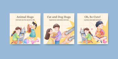 Sevimli köpek ve kedi kucaklama konsepti olan pankart şablonu, suluboya stil