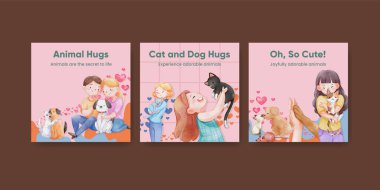 Sevimli köpek ve kedi kucaklama konsepti olan pankart şablonu, suluboya stil