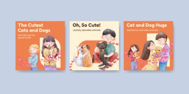 Sevimli köpek ve kedi kucaklama konsepti olan pankart şablonu, suluboya stil