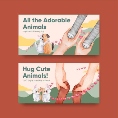 Tatlı köpek ve kedi kucaklama konsepti ile Twitter şablonu, suluboya styl