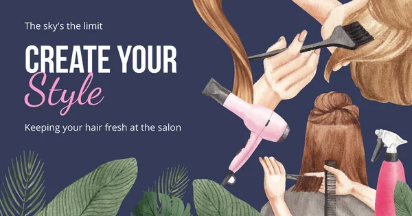 Modèle Facebook Avec Salon Coiffure Concept Beauté Aquarelle Styl — Image vectorielle