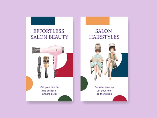 Modèle Instagram Avec Salon Coiffure Concept Beauté Aquarelle Styl — Image vectorielle