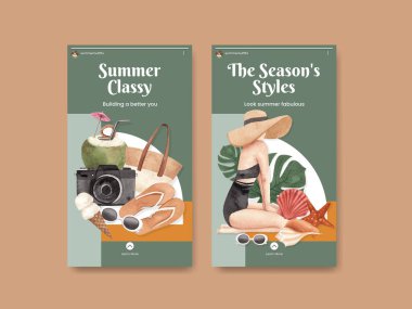 Instagram şablonu ile yaz kıyafetleri moda konsepti, suluboya styl