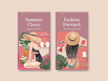 Instagram şablonu ile yaz kıyafetleri moda konsepti, suluboya styl