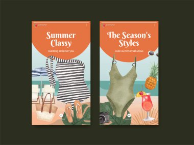 Instagram şablonu ile yaz kıyafetleri moda konsepti, suluboya styl