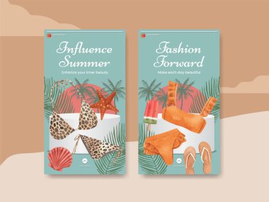 Instagram şablonu ile yaz kıyafetleri moda konsepti, suluboya styl