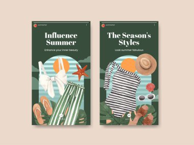 Instagram şablonu ile yaz kıyafetleri moda konsepti, suluboya styl