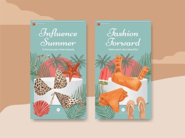 Instagram şablonu ile yaz kıyafetleri moda konsepti, suluboya styl