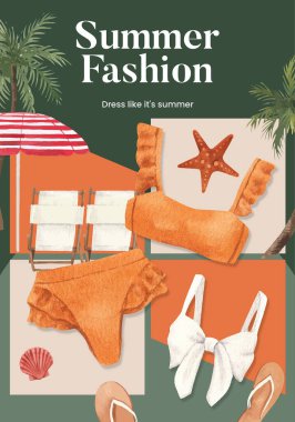 Yazlık kıyafet, moda, suluboya stil ile poster şablonu