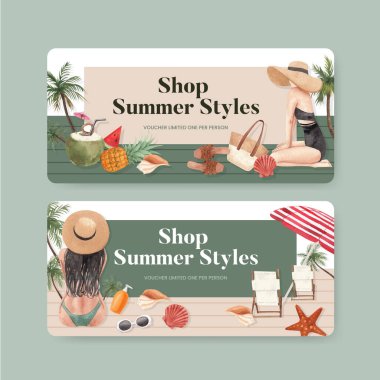 Makbuz şablonu, yaz kıyafetleri moda konsepti, suluboya styl