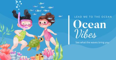 Facebook template with explore ocean world concept,watercolor styl clipart