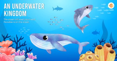 Facebook template with explore ocean world concept,watercolor styl clipart