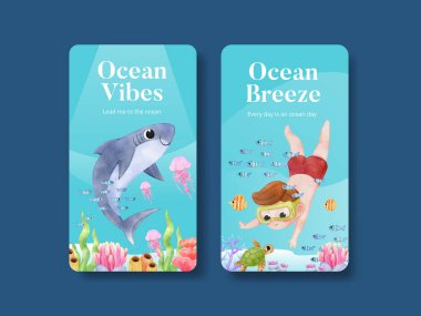 Instagram şablonu ile okyanus dünyası kavramını keşfetmek, suluboya stil