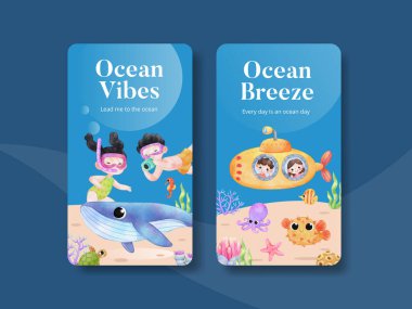 Instagram template with explore ocean world concept,watercolor styl clipart