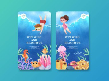 Instagram template with explore ocean world concept,watercolor styl clipart