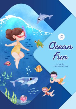 Poster template with explore ocean world concept,watercolor styl clipart
