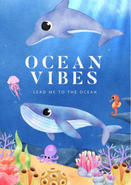 Okyanus dünyası kavramını araştıran poster şablonu, suluboya stil