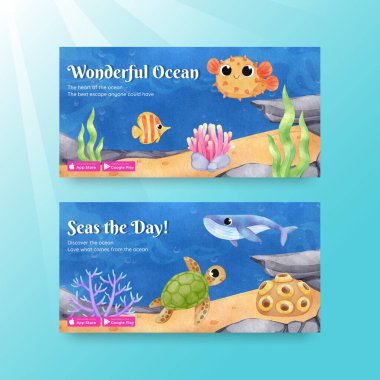 Twitter template with explore ocean world concept,watercolor styl clipart