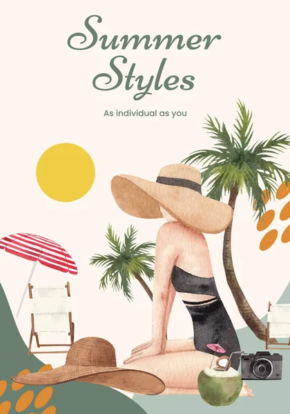Affischmall Med Sommar Outfit Mode Koncept Akvarell Stil — Stock vektor