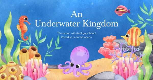 Facebook Template Explore Ocean World Concept Watercolor Styl — Vetor de Stock