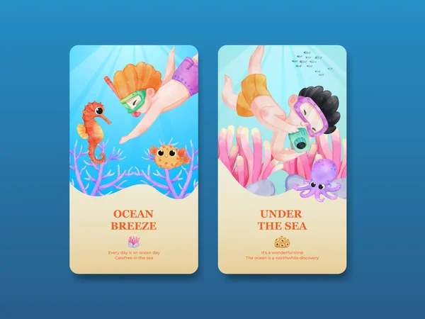 Instagram Template Explore Ocean World Concept Watercolor Styl — Vetor de Stock