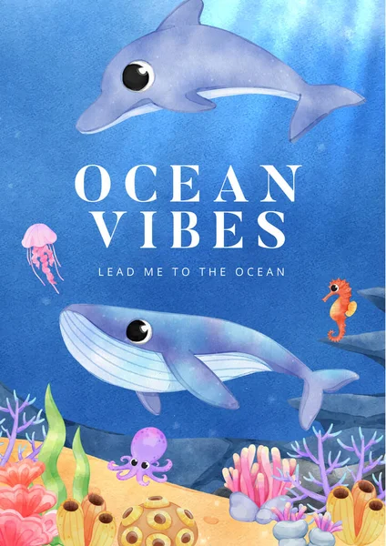 Okyanus dünyası kavramını araştıran poster şablonu, suluboya stil