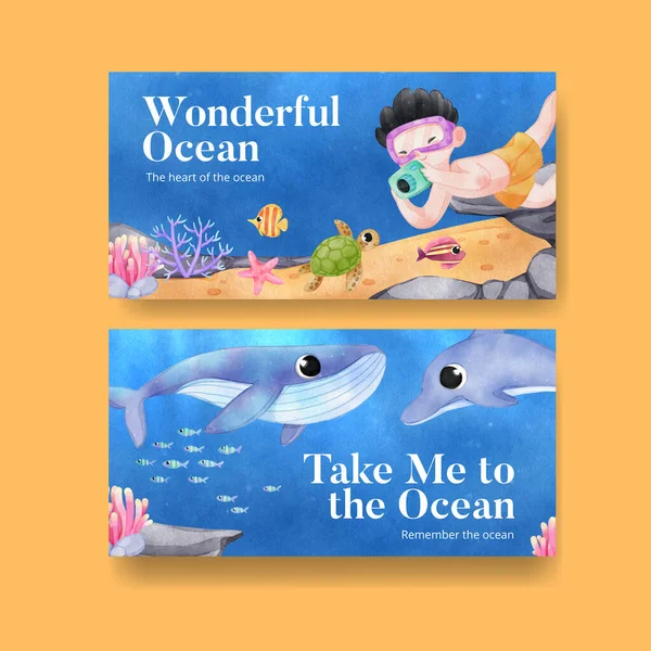 Twitter Template Explore Ocean World Concept Watercolor Styl — ストックベクタ