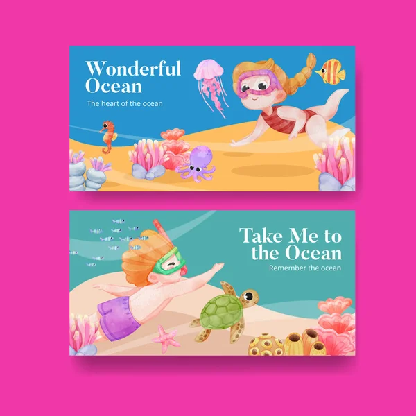 Twitter Template Explore Ocean World Concept Watercolor Styl — ストックベクタ