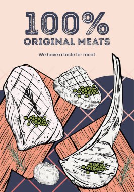  Barbekü biftek konseptiyle poster şablonu, monokrom çizimi 