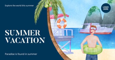 Yaz tatilinin tadını çıkaran Facebook şablonu, suluboya stil