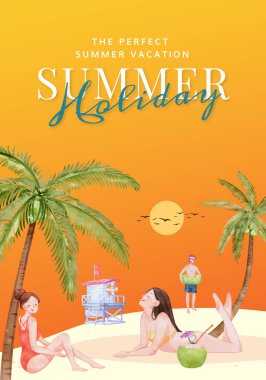 Yaz tatilinin tadını çıkaran poster şablonu, suluboya stil