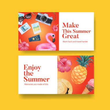 Yaz tatilinin tadını çıkaran Twitter şablonu, suluboya styl