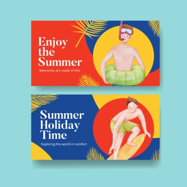 Yaz tatilinin tadını çıkaran Twitter şablonu, suluboya styl