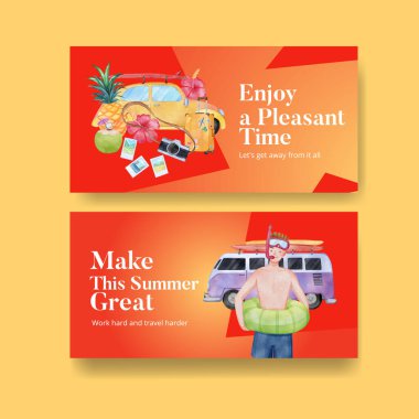 Yaz tatilinin tadını çıkaran Twitter şablonu, suluboya styl