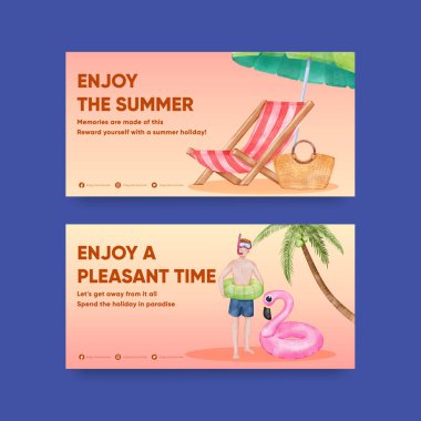 Yaz tatilinin tadını çıkaran Twitter şablonu, suluboya styl