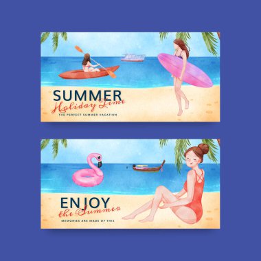 Yaz tatilinin tadını çıkaran Twitter şablonu, suluboya styl