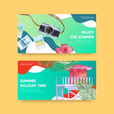 Yaz tatilinin tadını çıkaran Twitter şablonu, suluboya styl