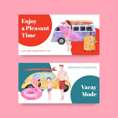 Yaz tatilinin tadını çıkaran Twitter şablonu, suluboya styl