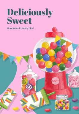 Şekerleme partisi konsepti olan poster şablonu, suluboya stil