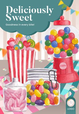 Şekerleme partisi konsepti olan poster şablonu, suluboya stil