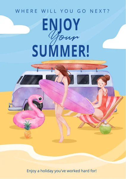Poster Template Enjoy Summer Holiday Concept Watercolor Styl — Vector de stock